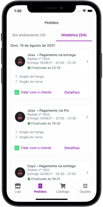 Tela de pedidos no celular