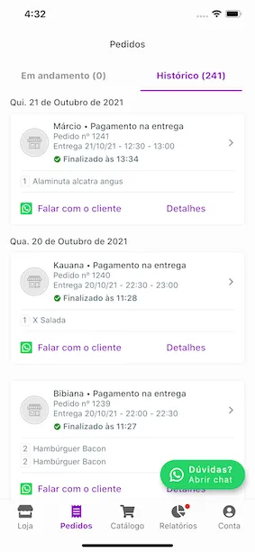 Pedidos no aplicativo